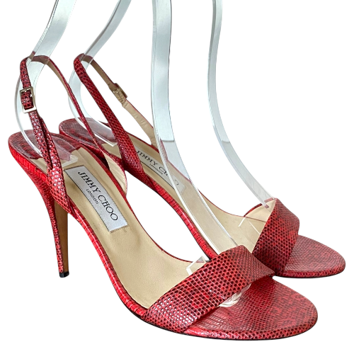 JIMMY CHOO Red Embossed Lizard Slingback Strappy Sandals, Size 40.5