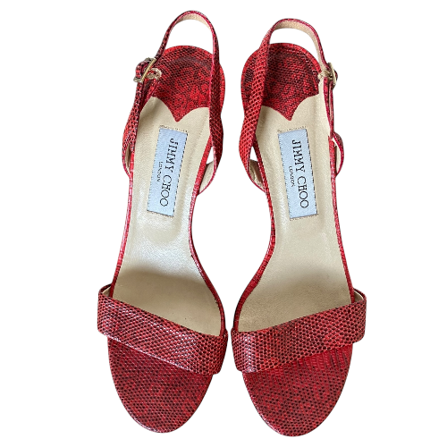 JIMMY CHOO Red Embossed Lizard Slingback Strappy Sandals, Size 40.5