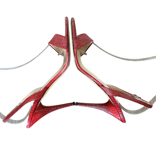 JIMMY CHOO Red Embossed Lizard Slingback Strappy Sandals, Size 40.5