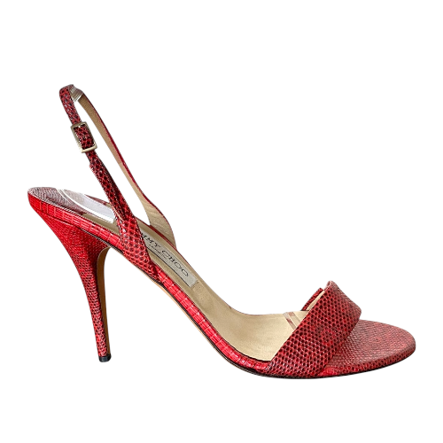 JIMMY CHOO Red Embossed Lizard Slingback Strappy Sandals, Size 40.5