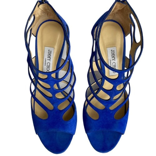 NEW JIMMY CHOO Ren 100 Cobalt Blue Suede Caged Heeled Sandals, Size 40.5