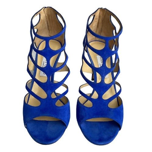 NEW JIMMY CHOO Ren 100 Cobalt Blue Suede Caged Heeled Sandals, Size 40.5