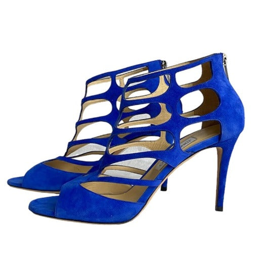 NEW JIMMY CHOO Ren 100 Cobalt Blue Suede Caged Heeled Sandals, Size 40.5