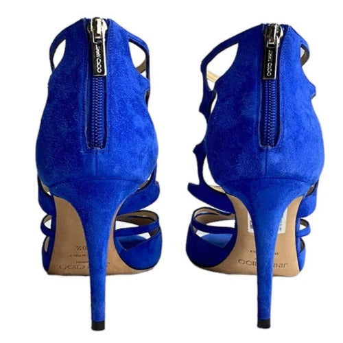 NEW JIMMY CHOO Ren 100 Cobalt Blue Suede Caged Heeled Sandals, Size 40.5