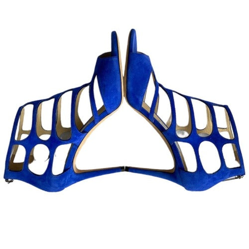 NEW JIMMY CHOO Ren 100 Cobalt Blue Suede Caged Heeled Sandals, Size 40.5