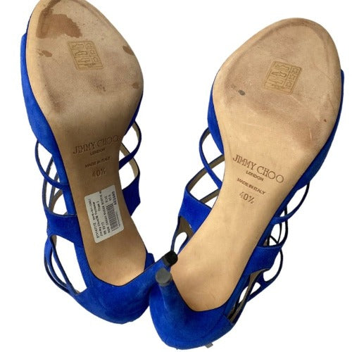 NEW JIMMY CHOO Ren 100 Cobalt Blue Suede Caged Heeled Sandals, Size 40.5