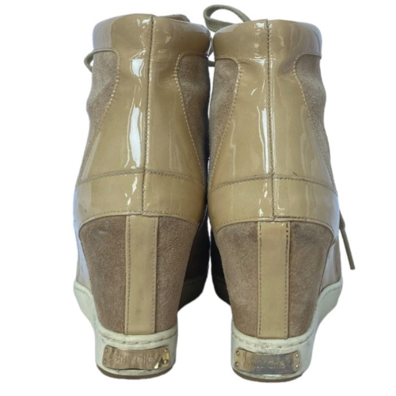 $795 JIMMY CHOO Panama Beige Suede & Patent Leather Wedge Sneakers, Size 36.5