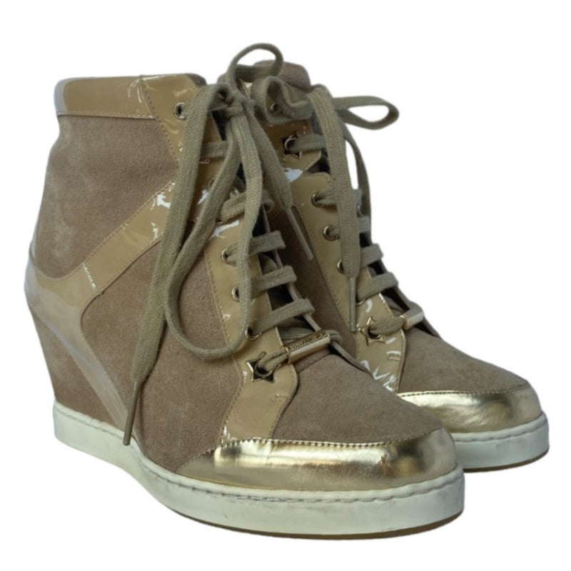$795 JIMMY CHOO Panama Beige Suede & Patent Leather Wedge Sneakers, Size 36.5