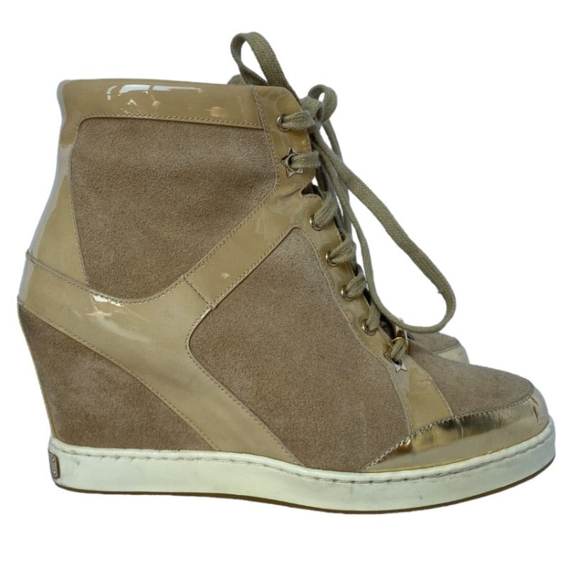 $795 JIMMY CHOO Panama Beige Suede & Patent Leather Wedge Sneakers, Size 36.5