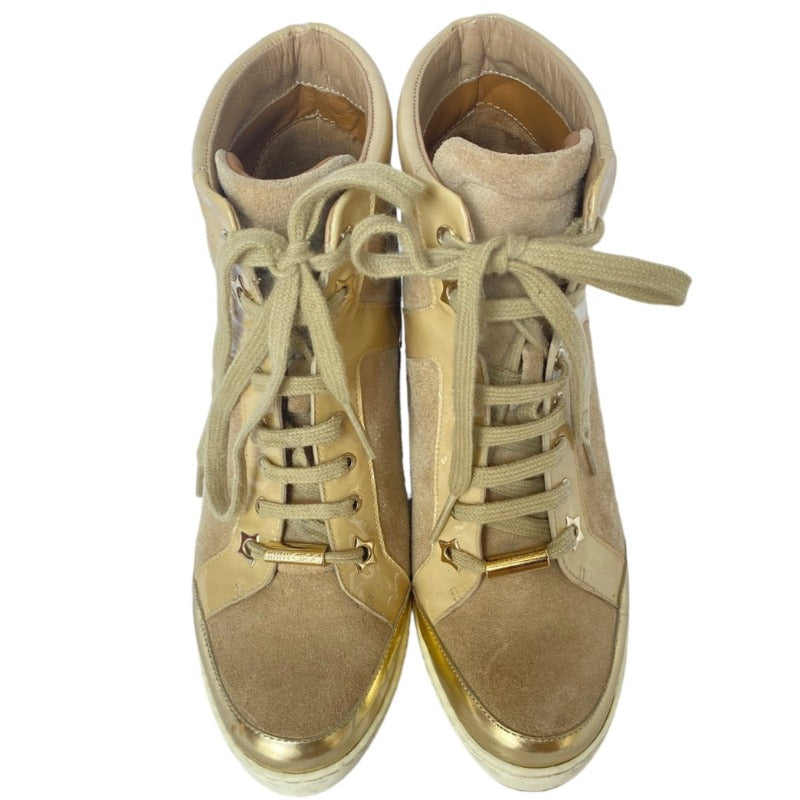 $795 JIMMY CHOO Panama Beige Suede & Patent Leather Wedge Sneakers, Size 36.5
