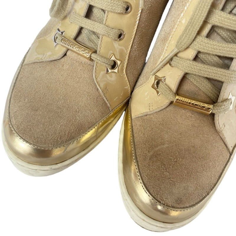 $795 JIMMY CHOO Panama Beige Suede & Patent Leather Wedge Sneakers, Size 36.5