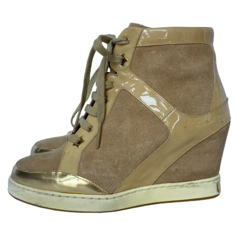 $795 JIMMY CHOO Panama Beige Suede & Patent Leather Wedge Sneakers, Size 36.5