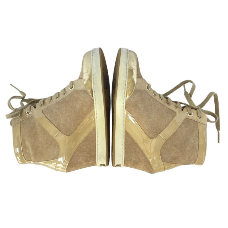 $795 JIMMY CHOO Panama Beige Suede & Patent Leather Wedge Sneakers, Size 36.5