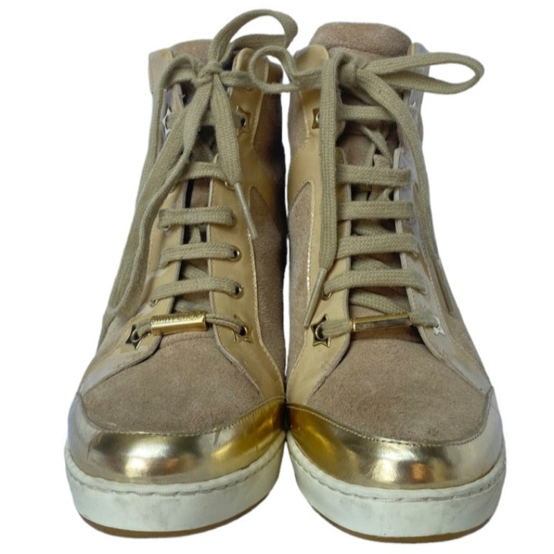 $795 JIMMY CHOO Panama Beige Suede & Patent Leather Wedge Sneakers, Size 36.5
