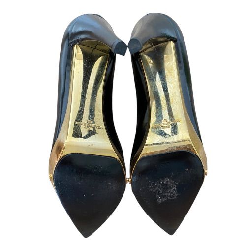 LOUIS VUITTON Black Leather Gold Detail Pointed Toe Pumps, Size 35.5