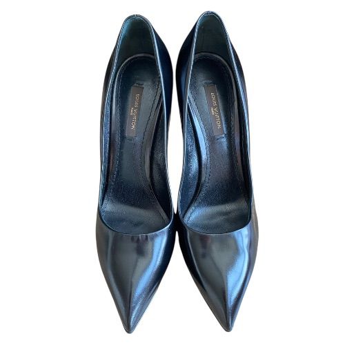 LOUIS VUITTON Black Leather Gold Detail Pointed Toe Pumps, Size 35.5
