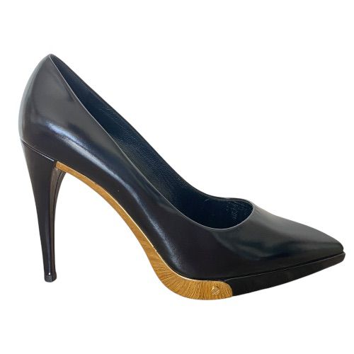 LOUIS VUITTON Black Leather Gold Detail Pointed Toe Pumps, Size 35.5