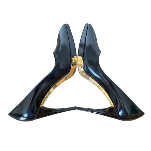 LOUIS VUITTON Black Leather Gold Detail Pointed Toe Pumps, Size 35.5