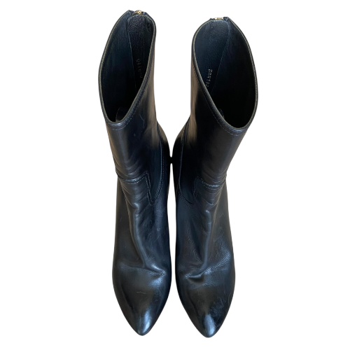 LOUIS VUITTON Black Leather Gold Logo Zip & Heel Pointed Toe Ankle Boots, 39.5