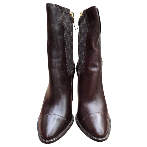 NEW LOUIS VUITTON Brown Leather Mini Lin Jodie Monogram Ankle Boots, Size 40