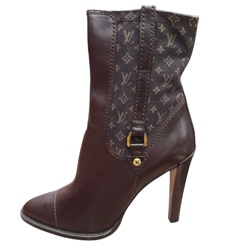 NEW LOUIS VUITTON Brown Leather Mini Lin Jodie Monogram Ankle Boots, Size 40