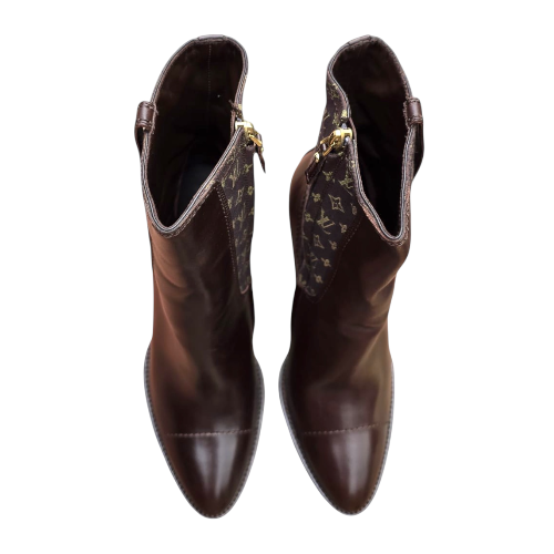 NEW LOUIS VUITTON Brown Leather Mini Lin Jodie Monogram Ankle Boots, Size 40