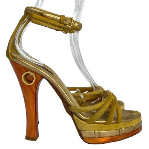 LOUIS VUITTON Yellow Suede Cleo/Pompeii Platform Ankle Strap Sandals, Size 37.5