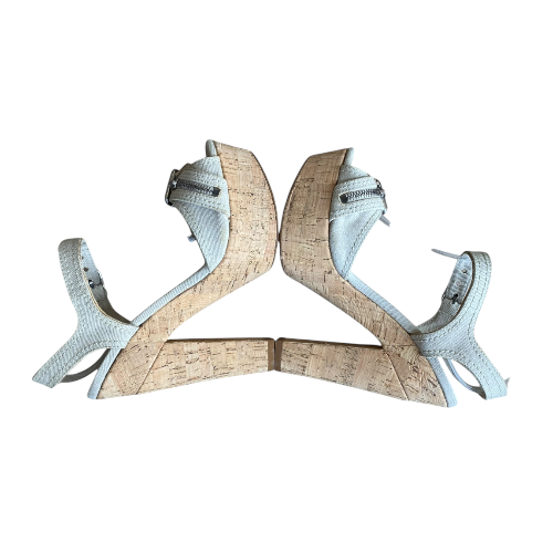 MIU MIU Beige Canvas Buckle & Zipper Platform Cork Heel Sandals, Size 37