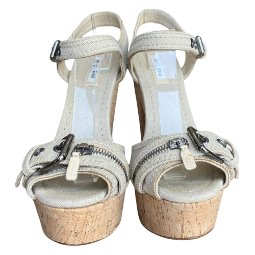 MIU MIU Beige Canvas Buckle & Zipper Platform Cork Heel Sandals, Size 37