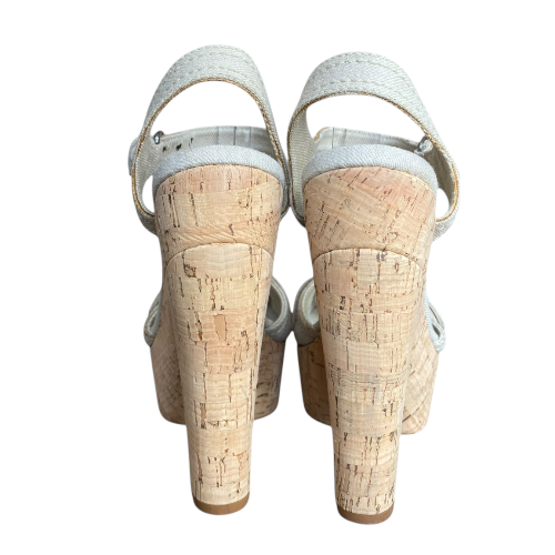 MIU MIU Beige Canvas Buckle & Zipper Platform Cork Heel Sandals, Size 37