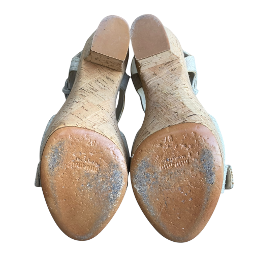MIU MIU Beige Canvas Buckle & Zipper Platform Cork Heel Sandals, Size 37