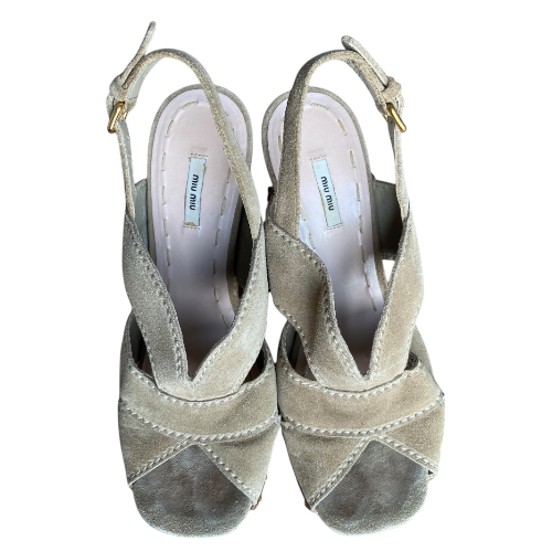 MIU MIU Beige Suede Studded Slingback Wooden Heeled Sandals, Size 38.5