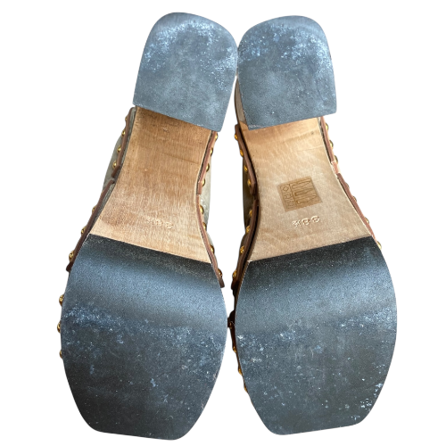 MIU MIU Beige Suede Studded Slingback Wooden Heeled Sandals, Size 38.5