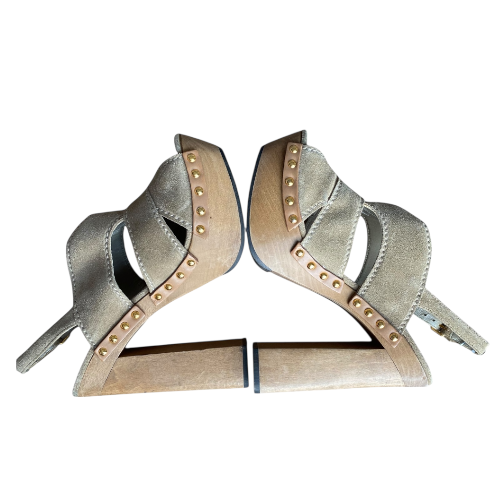 MIU MIU Beige Suede Studded Slingback Wooden Heeled Sandals, Size 38.5
