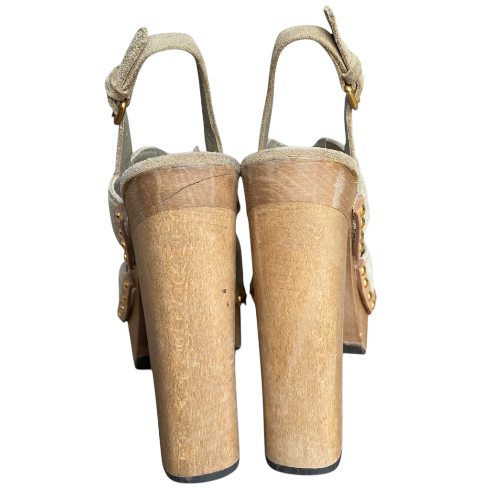 MIU MIU Beige Suede Studded Slingback Wooden Heeled Sandals, Size 38.5
