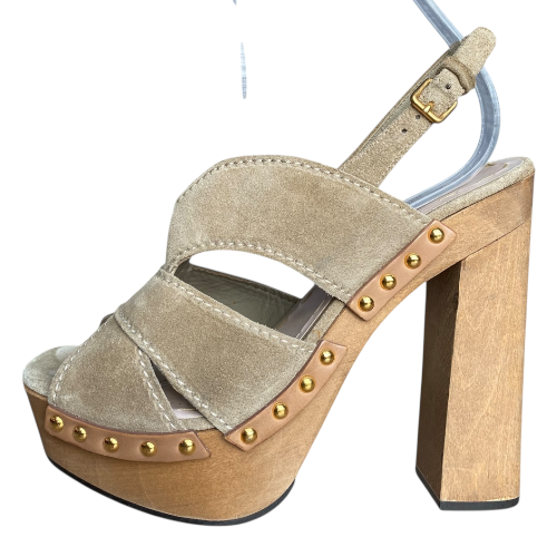 MIU MIU Beige Suede Studded Slingback Wooden Heeled Sandals, Size 38.5