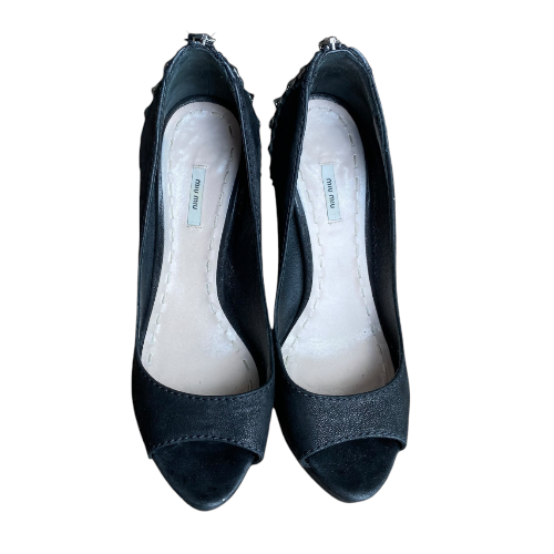MIU MIU Black Nubuck Studded Heel Platform Pumps, Size 38.5