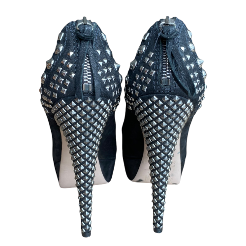 MIU MIU Black Nubuck Studded Heel Platform Pumps, Size 38.5