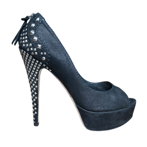 MIU MIU Black Nubuck Studded Heel Platform Pumps, Size 38.5