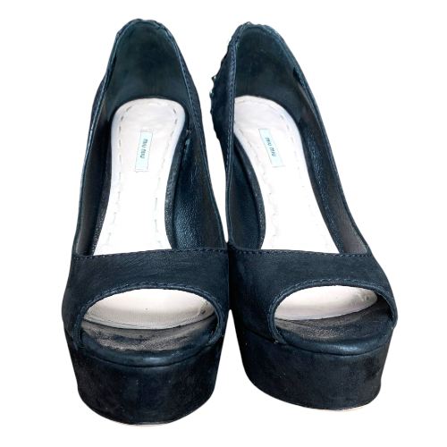 MIU MIU Black Nubuck Studded Heel Platform Pumps, Size 38.5
