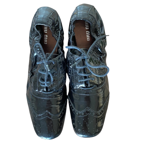 MIU MIU Black Patent Leather Perforated Elastic Back Brogue Oxford, Size 37