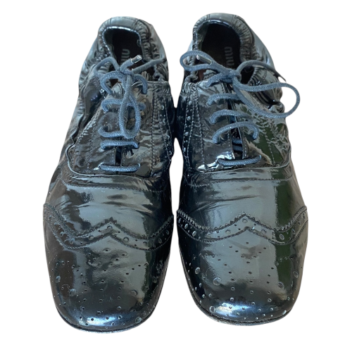 MIU MIU Black Patent Leather Perforated Elastic Back Brogue Oxford, Size 37