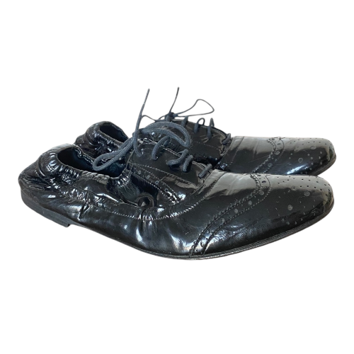 MIU MIU Black Patent Leather Perforated Elastic Back Brogue Oxford, Size 37