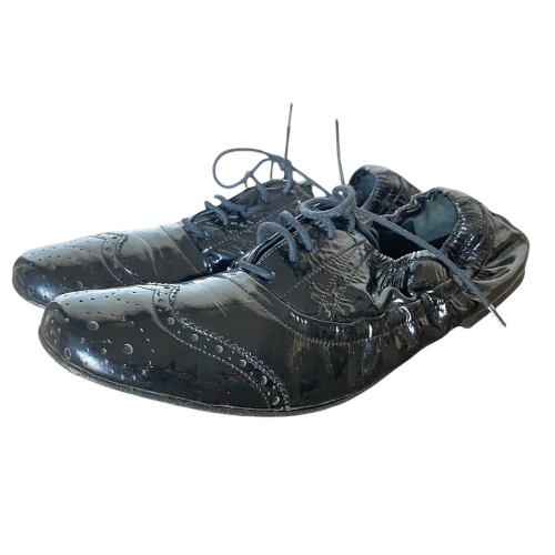MIU MIU Black Patent Leather Perforated Elastic Back Brogue Oxford, Size 37