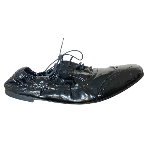 MIU MIU Black Patent Leather Perforated Elastic Back Brogue Oxford, Size 37