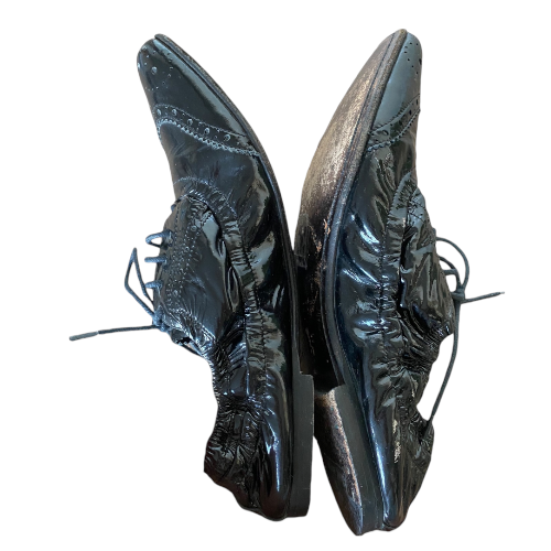 MIU MIU Black Patent Leather Perforated Elastic Back Brogue Oxford, Size 37