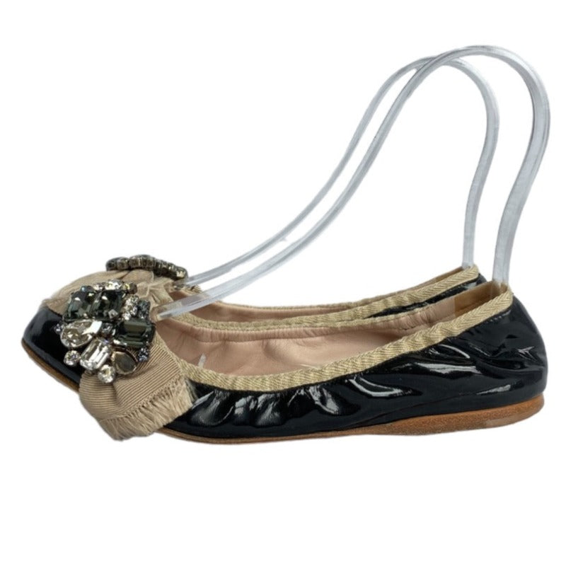 MIU MIU Black Patent Leather w Ribbon & Swarovski Crystals Ballerina Flats, Size 36.5