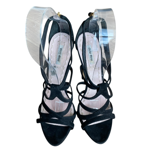 MIU MIU Black Suede Strappy Open Toe High Heel Sandals, Size 39