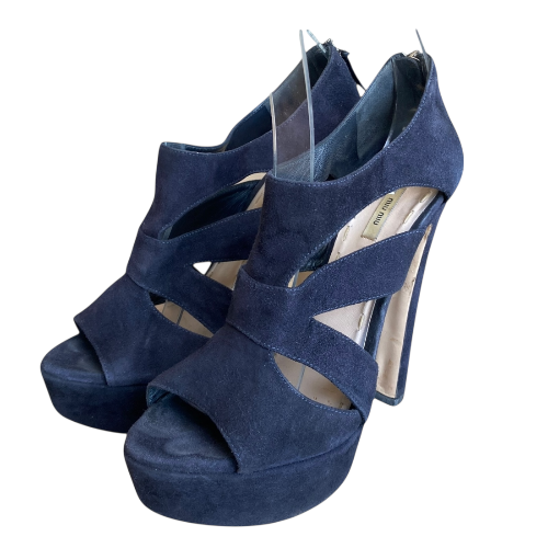 MIU MIU Dark Navy Suede Strappy Platform Heeled Sandals, Size 37