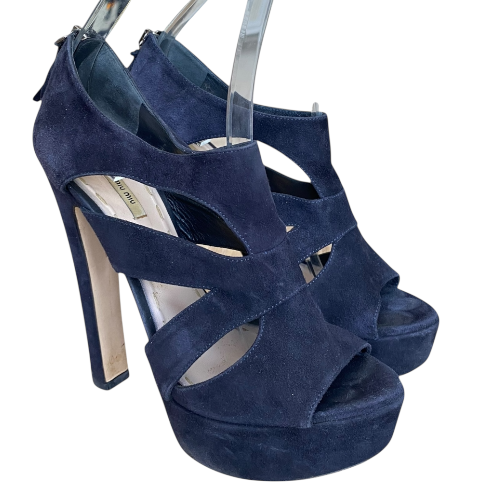 MIU MIU Dark Navy Suede Strappy Platform Heeled Sandals, Size 37